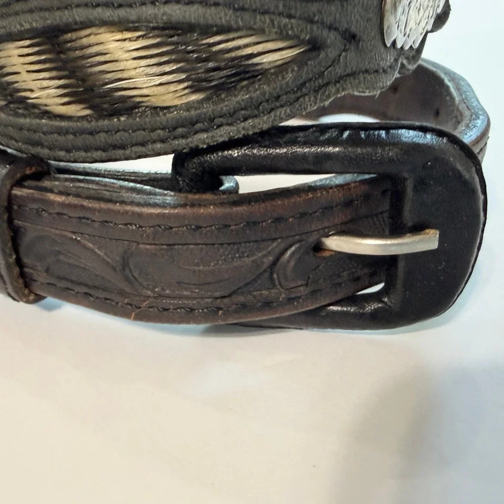 Vintage Hand Tooled Leather Western Belt 30 Zebra Hair Hide Concho Dark Brown